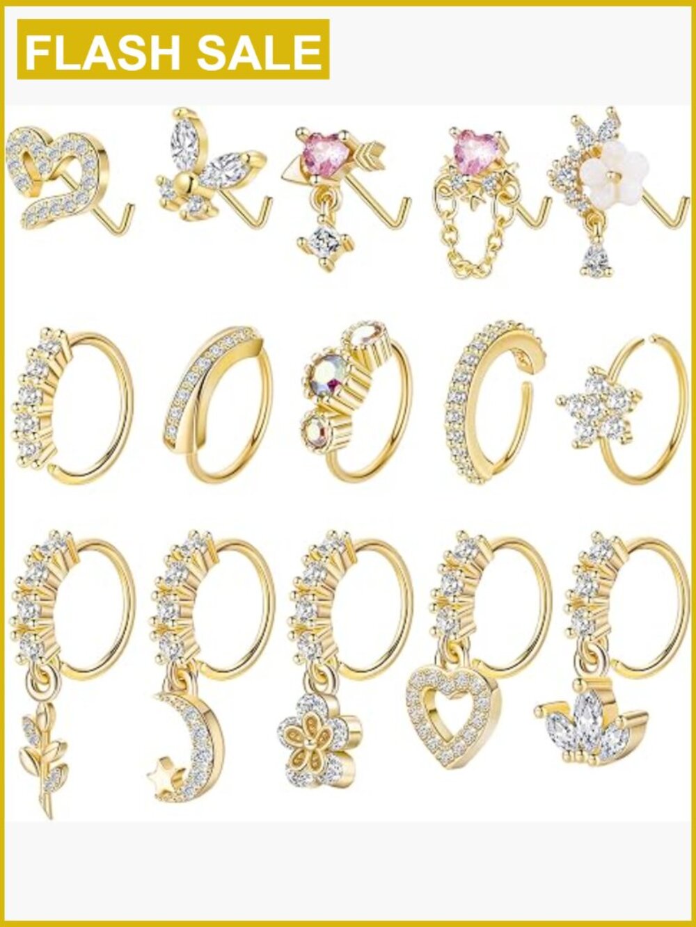 15pcs 20G 316L Stainless Steel Nose Rings Hoop & Stud Set CZ Piercing Jewelry